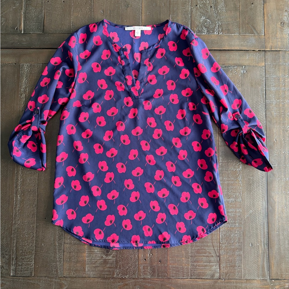 41 Hawthorne Blue & Pink Poppy Print Blouse Preppy Feminine Summer Blouse